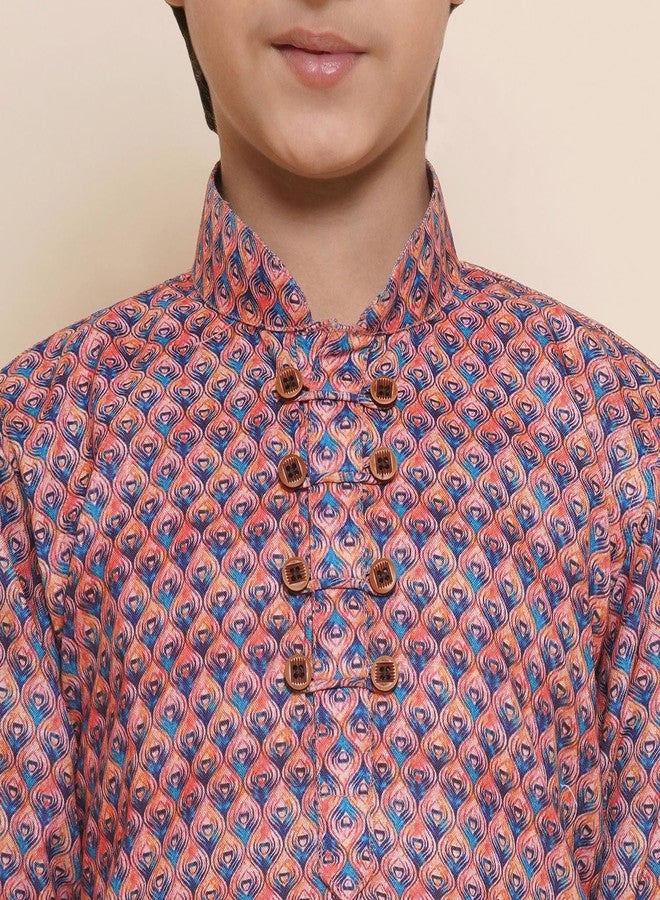 AJ DEZINES Kids Cotton Blend Printed Kurta Pyjama Set For Boys - Pink - Image 4