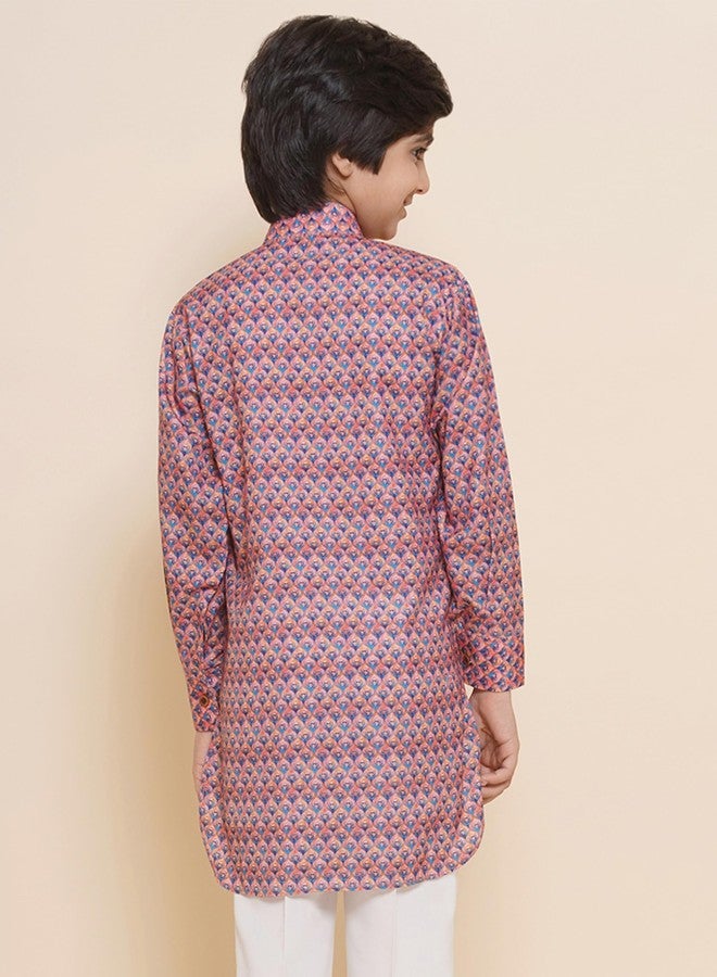 AJ DEZINES Kids Cotton Blend Printed Kurta Pyjama Set For Boys - Pink - Image 2