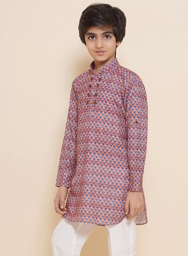 AJ DEZINES Kids Cotton Blend Printed Kurta Pyjama Set For Boys - Pink - Image 3