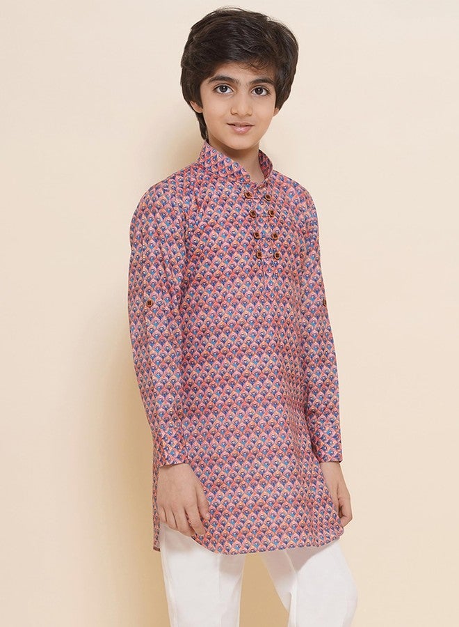 AJ DEZINES Kids Cotton Blend Printed Kurta Pyjama Set For Boys - Pink - Image 5