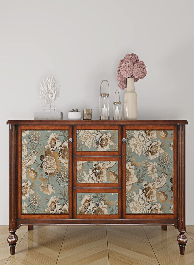 ReWallpaper Vintage Gold Floral Wallpaper Garden Bird Flower Peel and Stick Wallpaper for Bedroom Accent Wall 17.5in X 10ft Dark Cyan Teal Contact Paper for Cabinets Peel & Stick Vinyl Wall Paper - Image 3