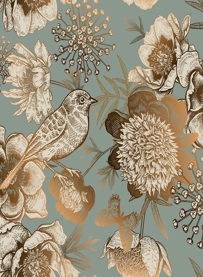 ReWallpaper Vintage Gold Floral Wallpaper Garden Bird Flower Peel and Stick Wallpaper for Bedroom Accent Wall 17.5in X 10ft Dark Cyan Teal Contact Paper for Cabinets Peel & Stick Vinyl Wall Paper - Image 1