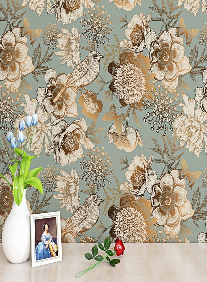 ReWallpaper Vintage Gold Floral Wallpaper Garden Bird Flower Peel and Stick Wallpaper for Bedroom Accent Wall 17.5in X 10ft Dark Cyan Teal Contact Paper for Cabinets Peel & Stick Vinyl Wall Paper - Image 4