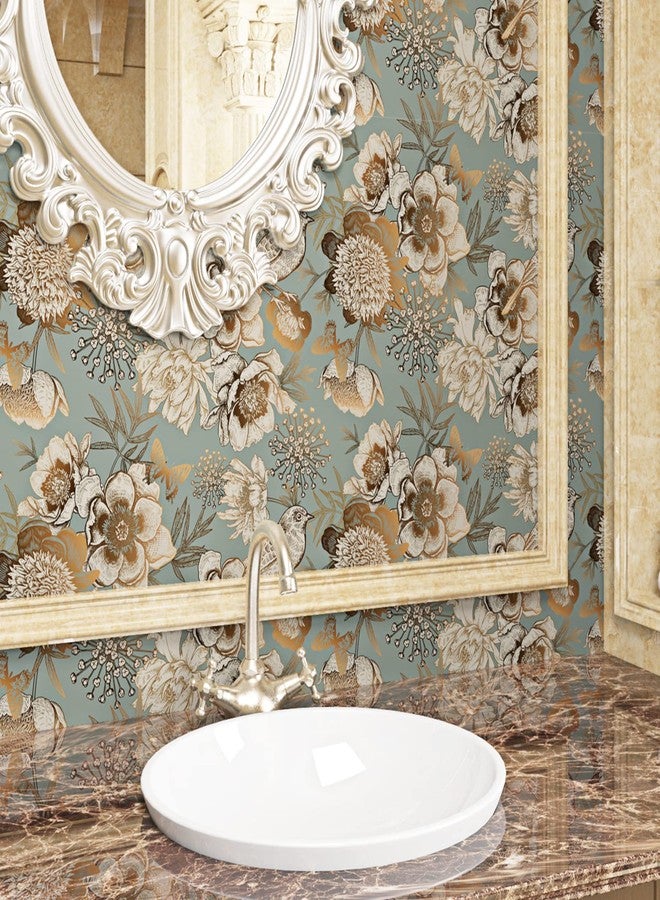 ReWallpaper Vintage Gold Floral Wallpaper Garden Bird Flower Peel and Stick Wallpaper for Bedroom Accent Wall 17.5in X 10ft Dark Cyan Teal Contact Paper for Cabinets Peel & Stick Vinyl Wall Paper - Image 2