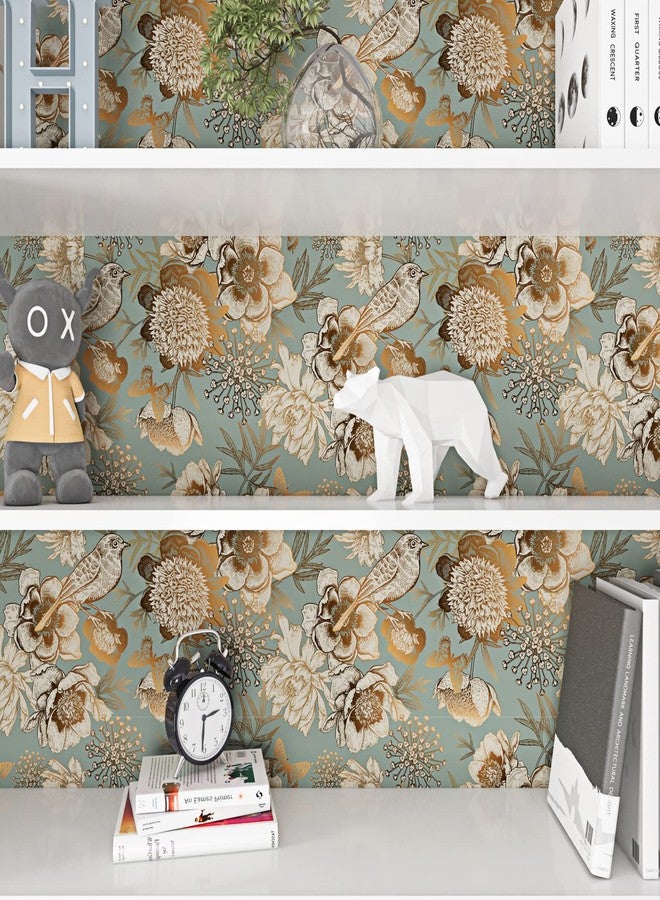 ReWallpaper Vintage Gold Floral Wallpaper Garden Bird Flower Peel and Stick Wallpaper for Bedroom Accent Wall 17.5in X 10ft Dark Cyan Teal Contact Paper for Cabinets Peel & Stick Vinyl Wall Paper - Image 5