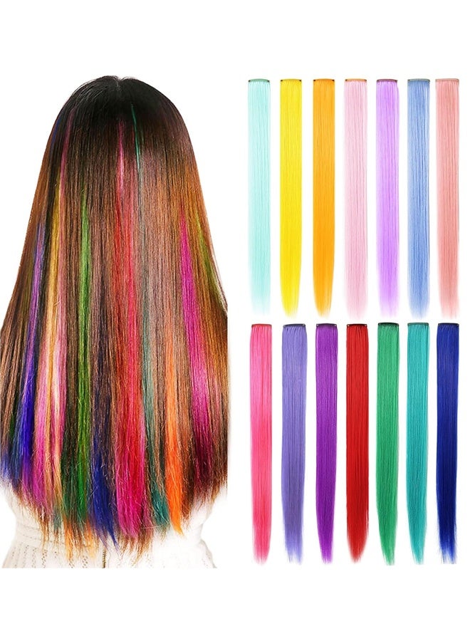 14 PCS 21 inch Colored Hair Extensions Clip in/on for America Women Girls hiar Accessories Wig Pieces Synthetic Rainbow Hair Extensions (Multicolour) - Image 1
