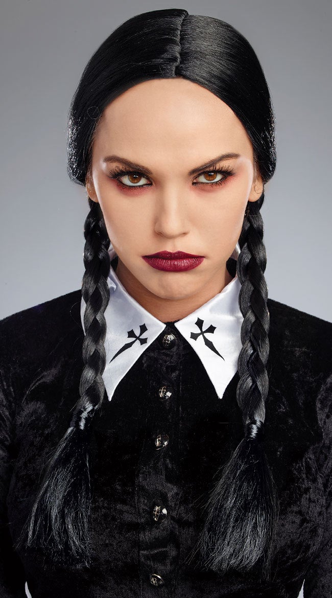 Generic Adamss mothers same mid-length double braid wig Wednesday headwear hairstyle COS twist tassel Mid-split double braid