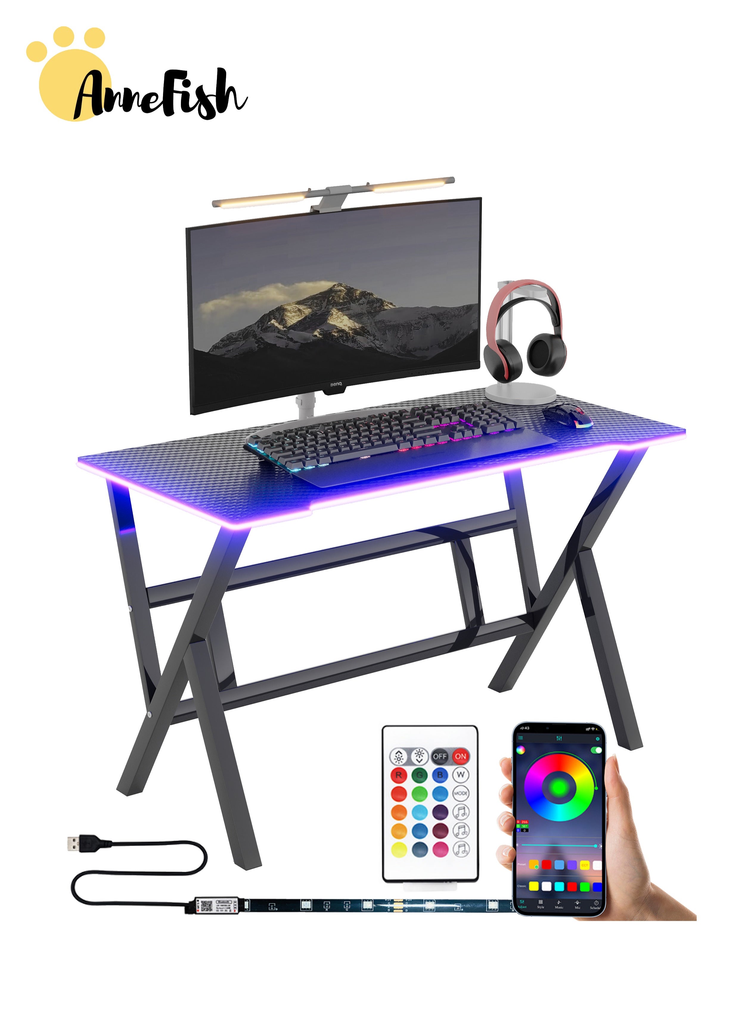 AnneFish 120*60cm Gaming Desk with LED Strip Light Carbon Fiber Surface Small Corner Computer Desk Gamer Desk Home PC Table Black 