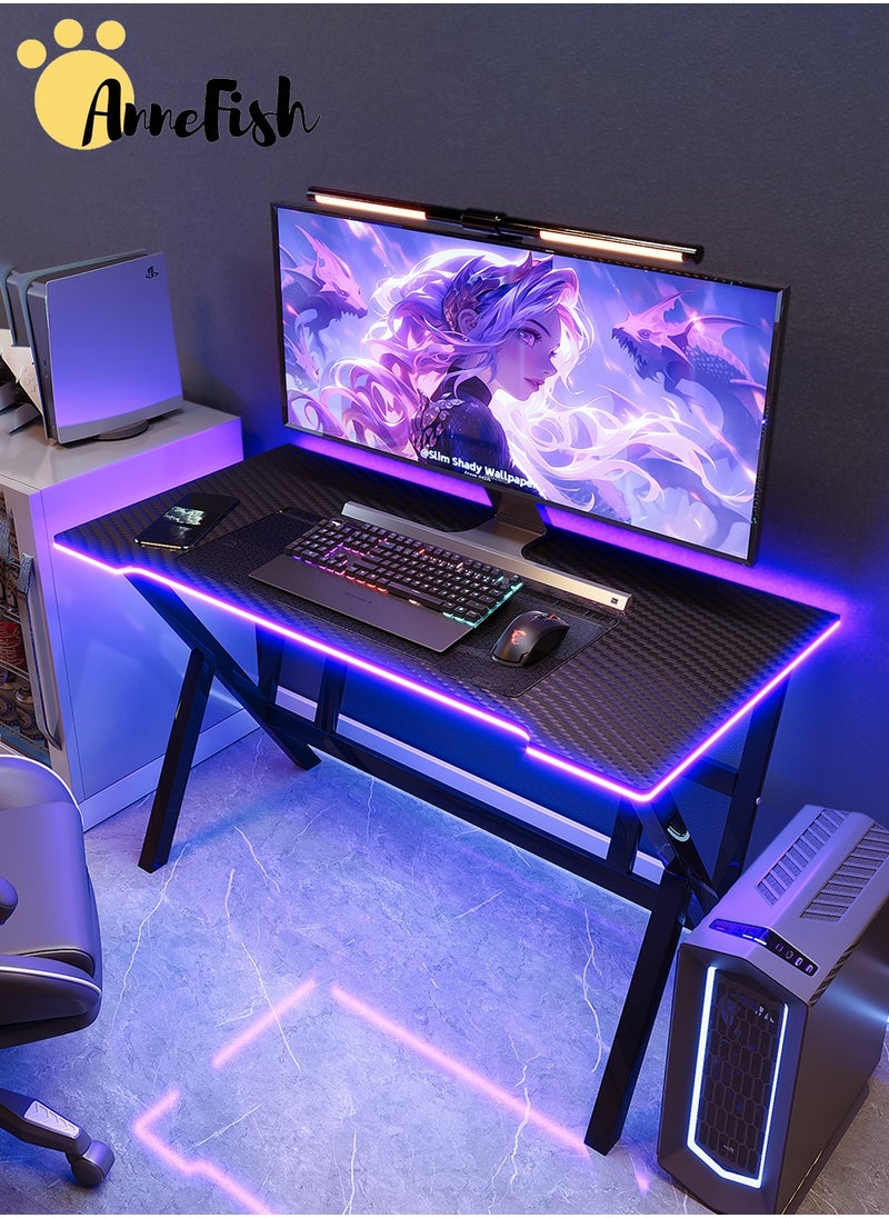 AnneFish - 120cm Gaming Desk With Smart Bluetooth Led Strip Music Sync Corner Computer Desk Carbon Fiber Surface Table Work Station For Home Gaming Room 120*60*75cm - Image 1