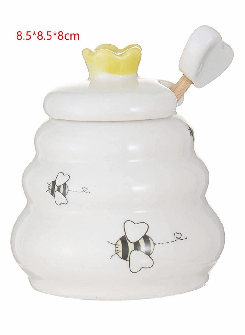 سيوسي وعاء عسل من السيراميك ، برطمان عسل خزفي بغطاء وغطاء خشبي ، حاوية عسل النحل للمطبخ المنزلي ، حاوية عسل من البورسلين اللطيفة هدية صديقة للأسرة لتخزين شراب ، عسل ، أبيض - Image 2