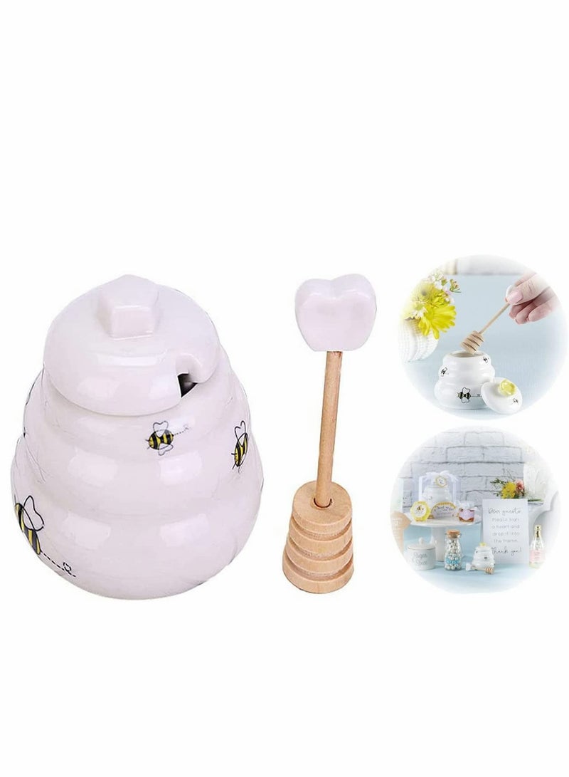 سيوسي وعاء عسل من السيراميك ، برطمان عسل خزفي بغطاء وغطاء خشبي ، حاوية عسل النحل للمطبخ المنزلي ، حاوية عسل من البورسلين اللطيفة هدية صديقة للأسرة لتخزين شراب ، عسل ، أبيض - Image 1