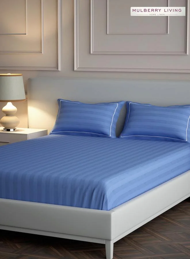 Mulberry Living 100% Cotton Queen Flat Bedsheet With 2 Pillow Covers - 300Tc Elysian Stripes - Mediterranean Blue