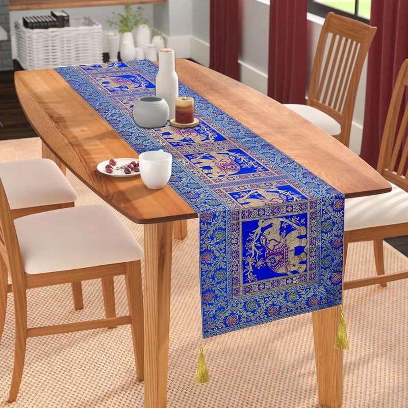 E - Ezra EEZRA Decorative Dining Table Runner Silk Runners Ends Tassels on Both Sides Banarasi Brocade Silk Tablecloth Decorative 6 Seater Runner Long Size 16x60 Inch Royal Blue - Image 1