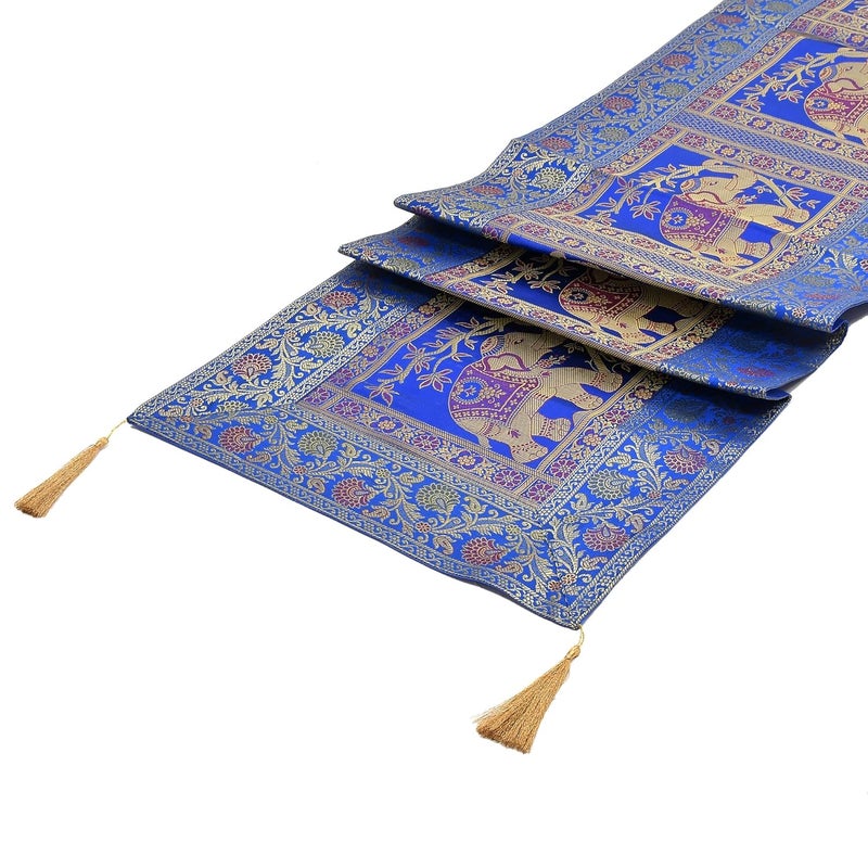 E - Ezra EEZRA Decorative Dining Table Runner Silk Runners Ends Tassels on Both Sides Banarasi Brocade Silk Tablecloth Decorative 6 Seater Runner Long Size 16x60 Inch Royal Blue - Image 4