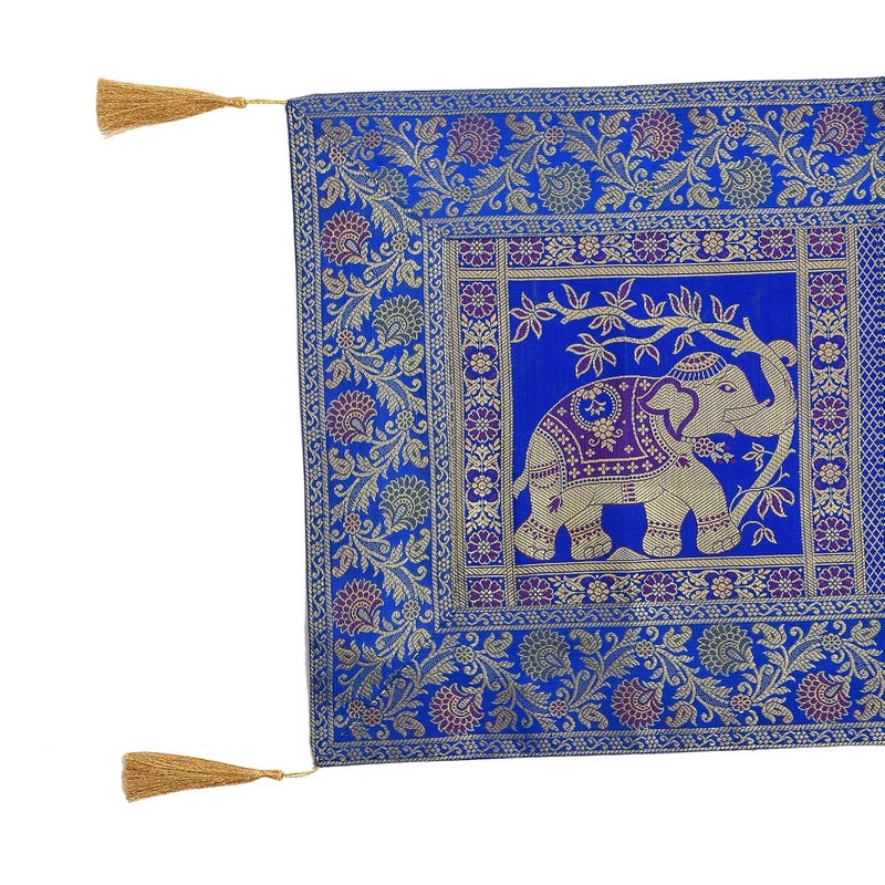 E - Ezra EEZRA Decorative Dining Table Runner Silk Runners Ends Tassels on Both Sides Banarasi Brocade Silk Tablecloth Decorative 6 Seater Runner Long Size 16x60 Inch Royal Blue - Image 2