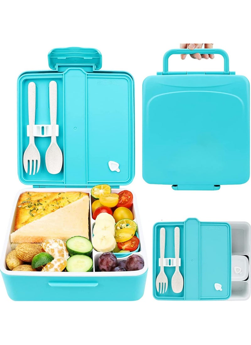 TOMSHOO - Kids Bento Lunch Box for School, 1.3L Lunch Container with Sauce Jar, Spoon & Fork, 4 Compartment Lunch Box with Handle - Leak Proof, Dishwasher & Microwave Safe, BPA-Free (Blue) - Image 1