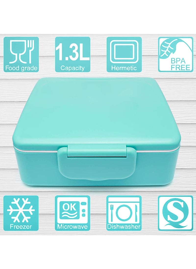 TOMSHOO - Kids Bento Lunch Box for School, 1.3L Lunch Container with Sauce Jar, Spoon & Fork, 4 Compartment Lunch Box with Handle - Leak Proof, Dishwasher & Microwave Safe, BPA-Free (Blue) - Image 1