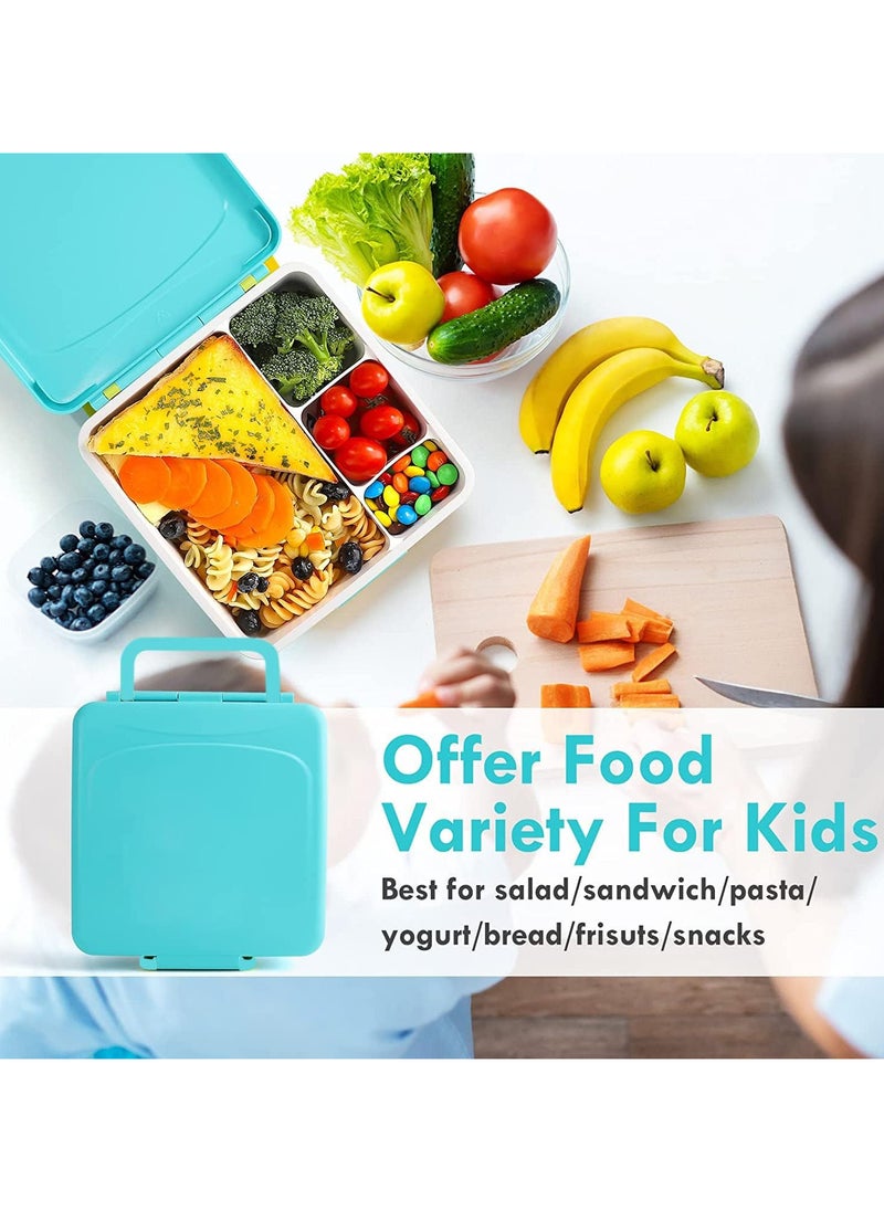 TOMSHOO - Kids Bento Lunch Box for School, 1.3L Lunch Container with Sauce Jar, Spoon & Fork, 4 Compartment Lunch Box with Handle - Leak Proof, Dishwasher & Microwave Safe, BPA-Free (Blue) - Image 1