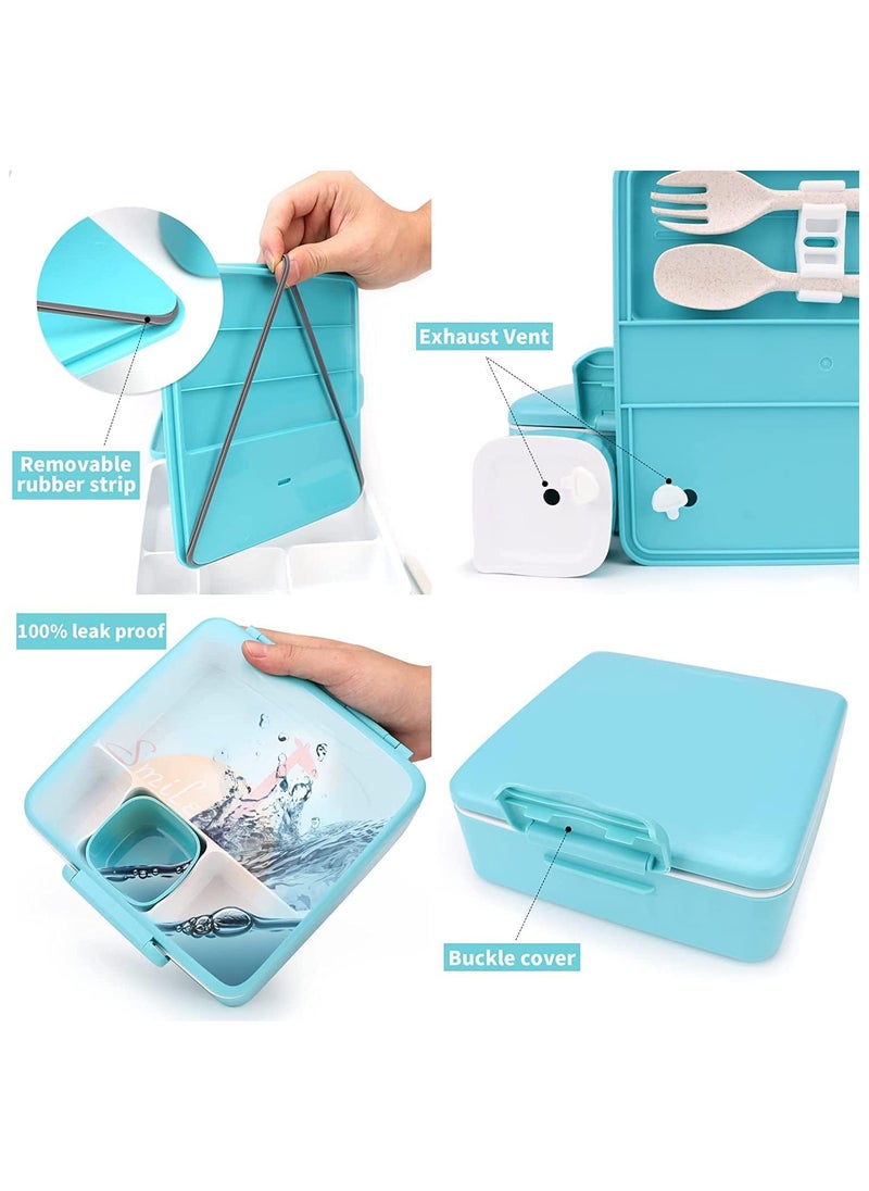 TOMSHOO - Kids Bento Lunch Box for School, 1.3L Lunch Container with Sauce Jar, Spoon & Fork, 4 Compartment Lunch Box with Handle - Leak Proof, Dishwasher & Microwave Safe, BPA-Free (Blue) - Image 1
