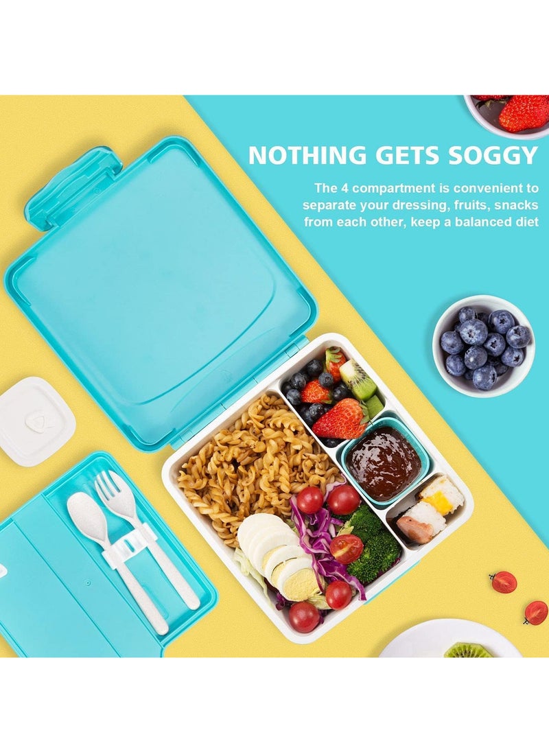 TOMSHOO - Kids Bento Lunch Box for School, 1.3L Lunch Container with Sauce Jar, Spoon & Fork, 4 Compartment Lunch Box with Handle - Leak Proof, Dishwasher & Microwave Safe, BPA-Free (Blue) - Image 1