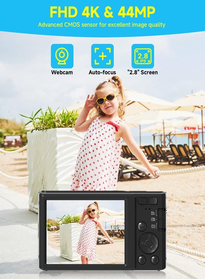SMARTKLIK Black Digital Camera 4K for Teens with 16X Zoom Auto Focus, Small Compact Portable Point and Shoot Boys/Girls Student Digital Camera with 64G SD Card, 2 Batteries - Image 2