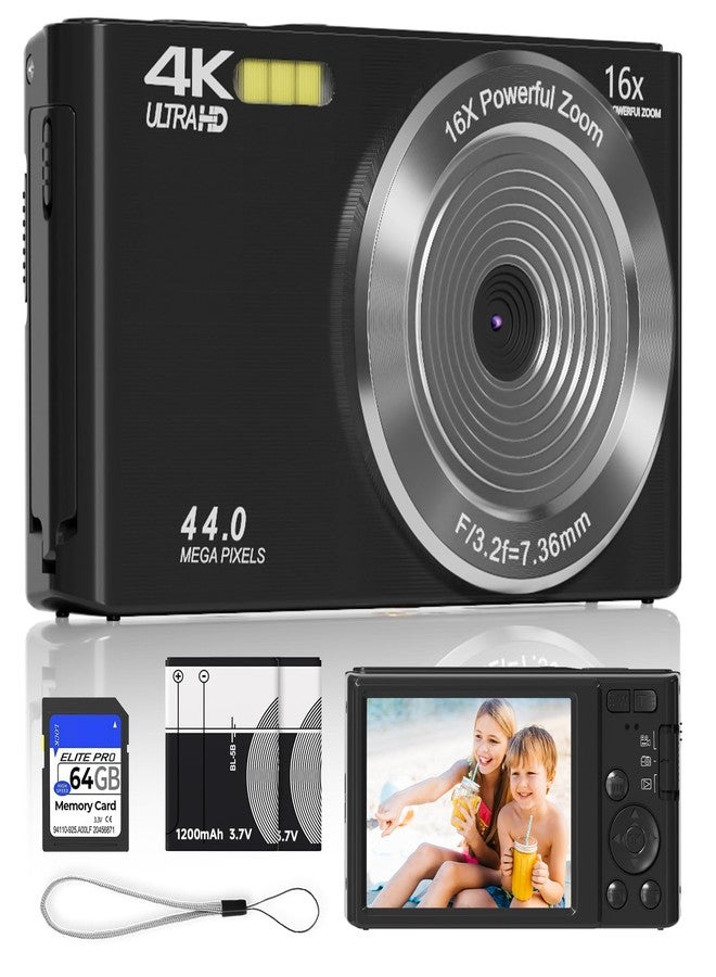 SMARTKLIK Black Digital Camera 4K for Teens with 16X Zoom Auto Focus, Small Compact Portable Point and Shoot Boys/Girls Student Digital Camera with 64G SD Card, 2 Batteries - Image 1