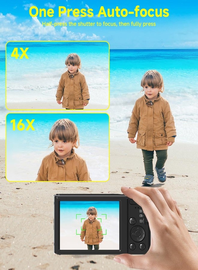 SMARTKLIK Black Digital Camera 4K for Teens with 16X Zoom Auto Focus, Small Compact Portable Point and Shoot Boys/Girls Student Digital Camera with 64G SD Card, 2 Batteries - Image 3