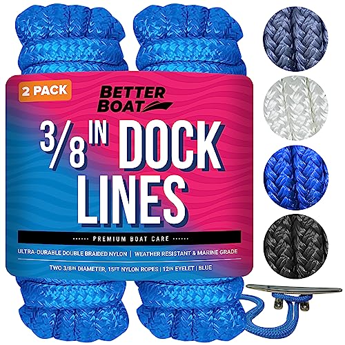 Better Boat Dock Lines Boat Ropes for Docking, 3/8" Double Braided Mooring Marine Rope, 15ft Nylon Rope with Loop, Blue, 2 Pack - Image 1