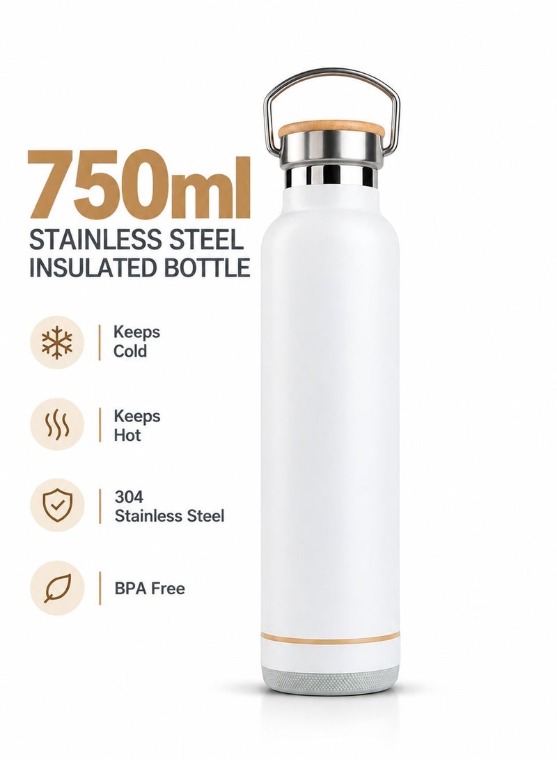 Rich Life 750ml Premium Stainless Steel Insulated Water Bottle with Bamboo Lid | Double Wall Vacuum Flask for Hot & Cold Drinks | Reusable Travel Bottle for Gym, Office, School, Travel & Everyday Use – White - Image 1