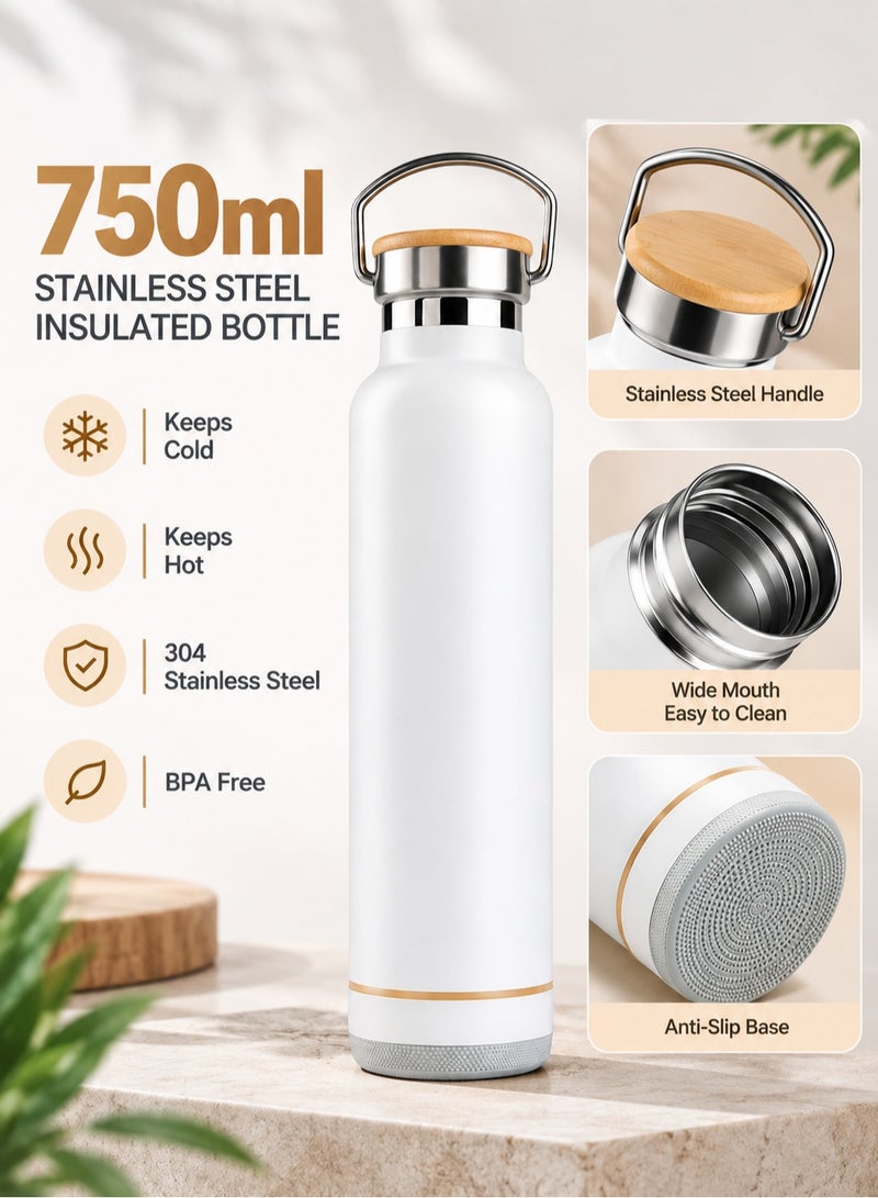 Rich Life 750ml Premium Stainless Steel Insulated Water Bottle with Bamboo Lid | Double Wall Vacuum Flask for Hot & Cold Drinks | Reusable Travel Bottle for Gym, Office, School, Travel & Everyday Use – White - Image 2