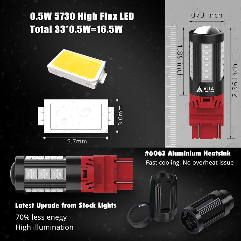 Alla Lighting WT21W/7W LED Bulbs - Super Bright Rear Brake, Tail, Turn Signal Lights Replacement (Pure Red) - Image 2