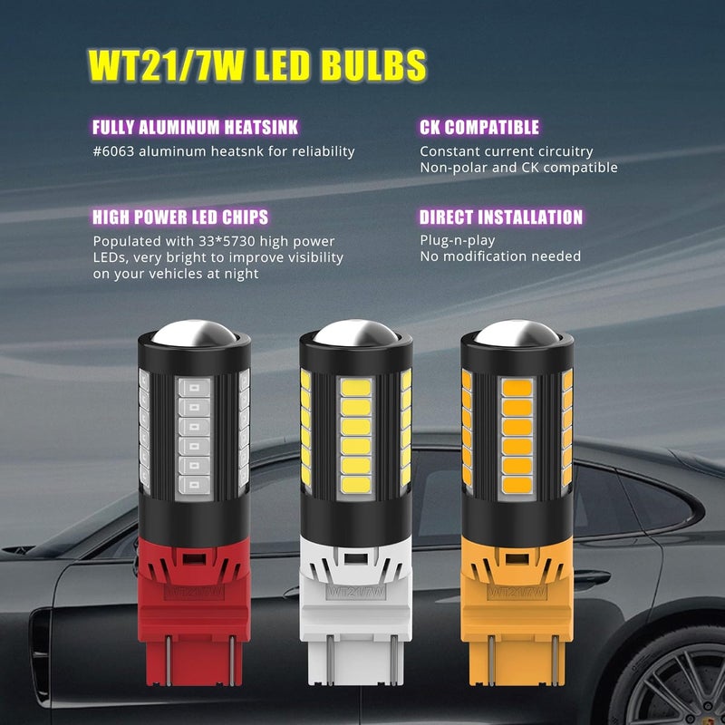 Alla Lighting WT21W/7W LED Bulbs - Super Bright Rear Brake, Tail, Turn Signal Lights Replacement (Pure Red) - Image 5