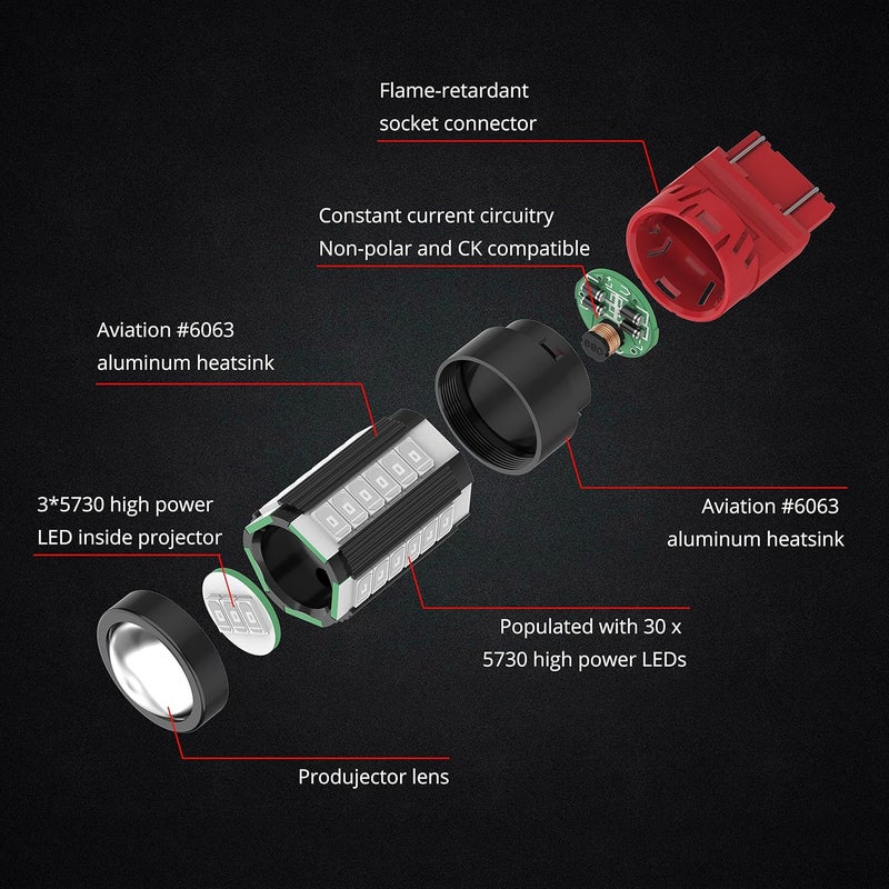 Alla Lighting WT21W/7W LED Bulbs - Super Bright Rear Brake, Tail, Turn Signal Lights Replacement (Pure Red) - Image 3
