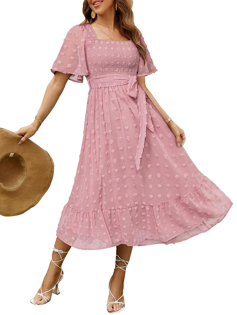 Amegoya Women's Summer Boho Wedding Guest Midi Dress Casual Short Sleeve Square Neck Swiss Dot Smocked Flowy Maxi Dress (Pink L) - Image 1