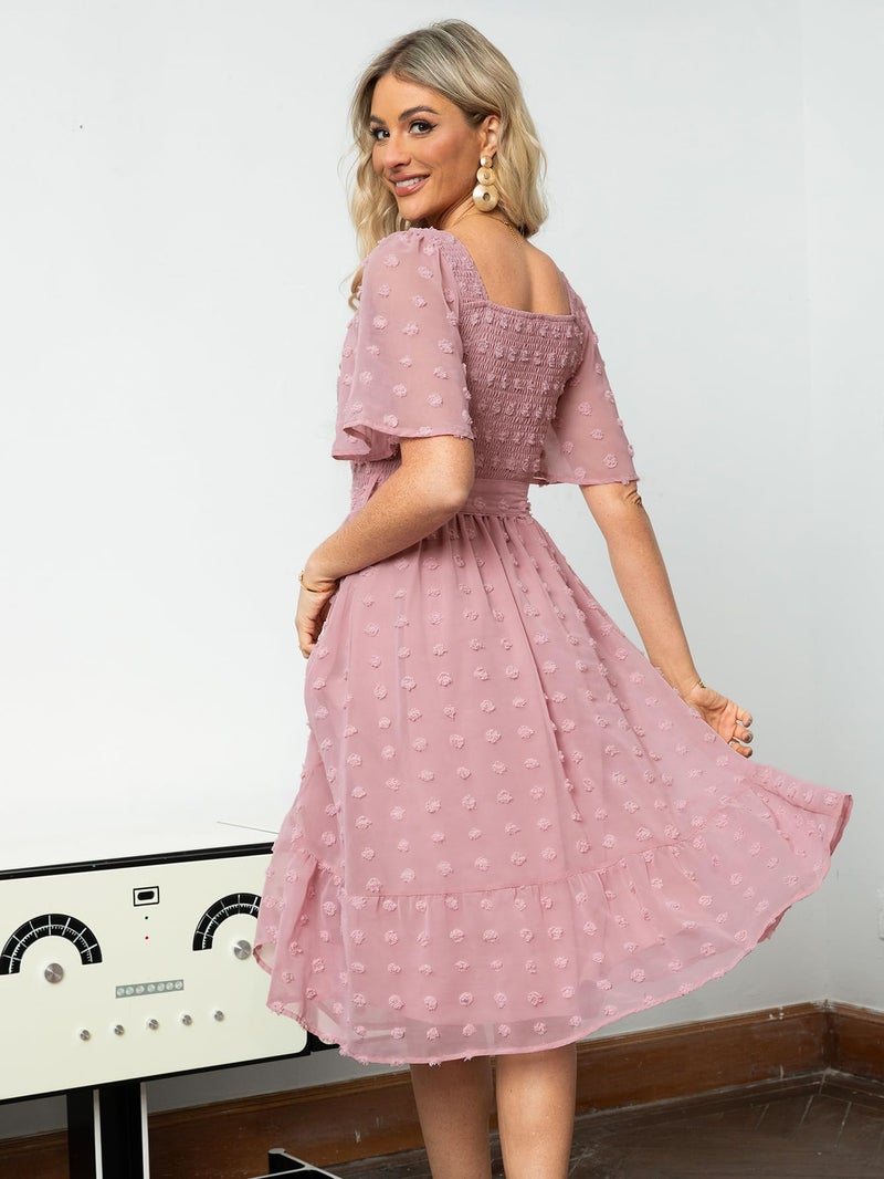 Amegoya Women's Summer Boho Wedding Guest Midi Dress Casual Short Sleeve Square Neck Swiss Dot Smocked Flowy Maxi Dress (Pink L) - Image 4
