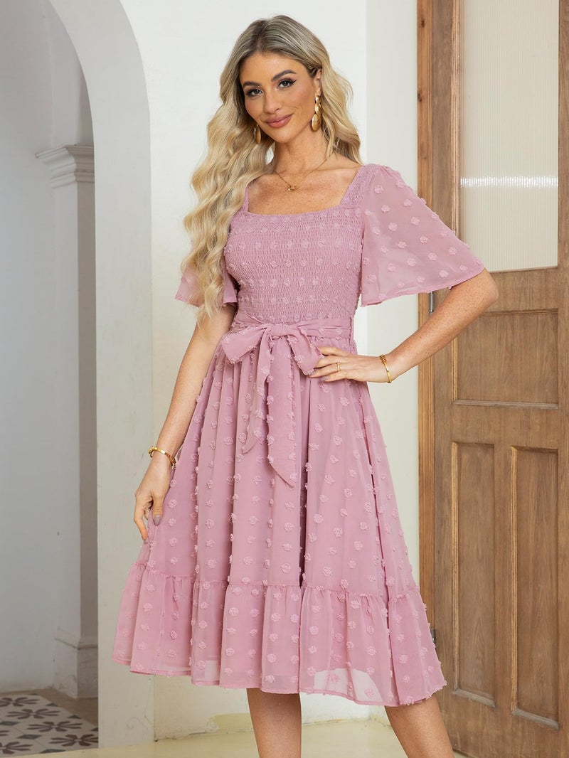 Amegoya Women's Summer Boho Wedding Guest Midi Dress Casual Short Sleeve Square Neck Swiss Dot Smocked Flowy Maxi Dress (Pink L) - Image 5