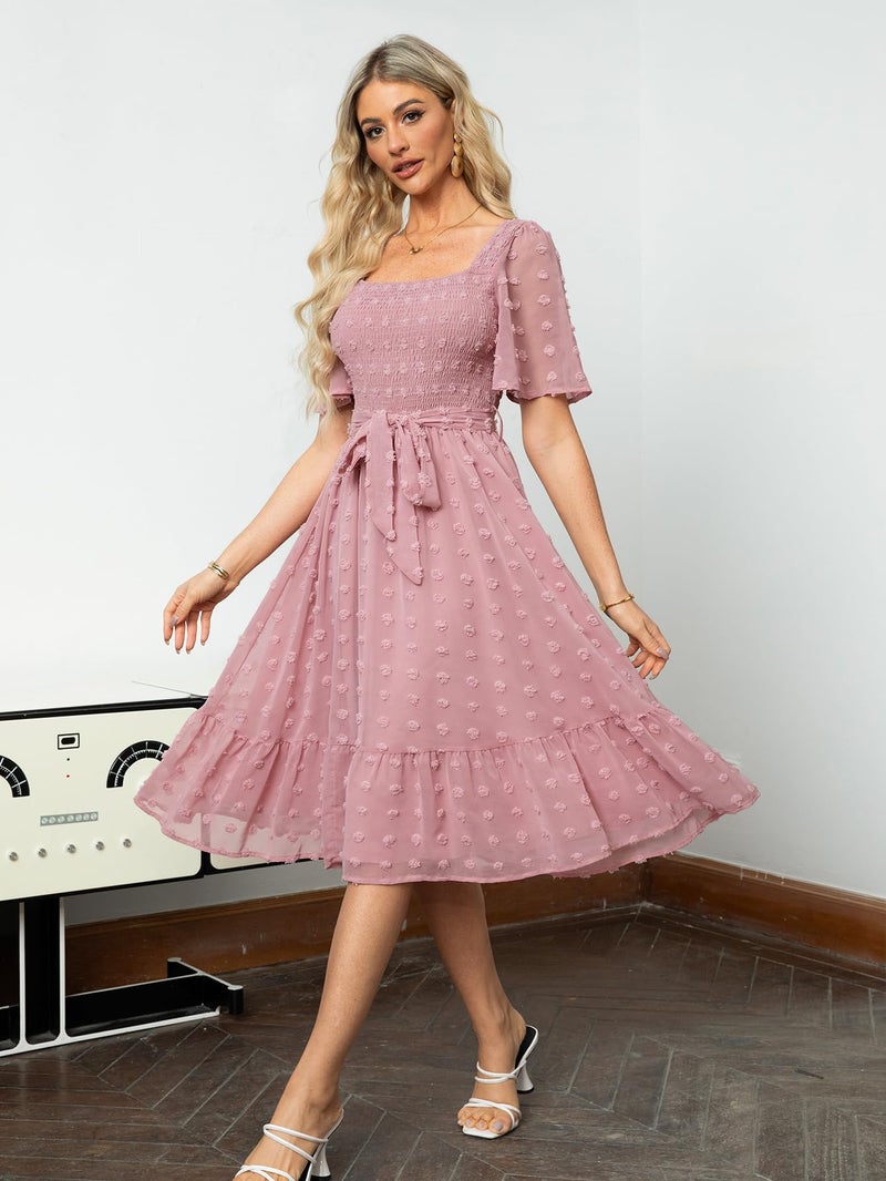 Amegoya Women's Summer Boho Wedding Guest Midi Dress Casual Short Sleeve Square Neck Swiss Dot Smocked Flowy Maxi Dress (Pink L) - Image 3