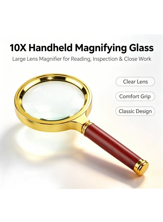 Large Size 10X Magnifying Glasses, Handheld Shatterproof Reading Magnifier, 60mm Magnify Glasses HD Optical Glass Len with Non-Slip Handle - Image 1
