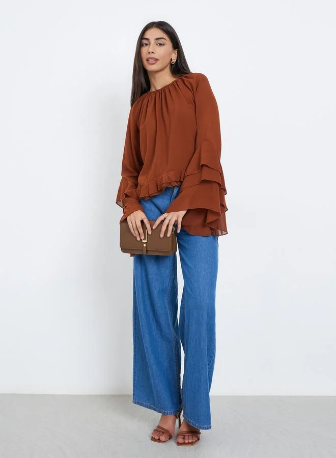 Styli Brown Styli Brown Solid Frill Detailing Bell Sleeves Chiffon Blouse for Women | Best Price UAE