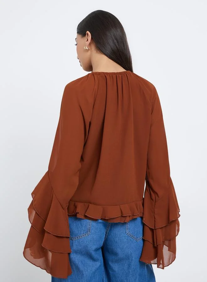 Styli Brown Styli Brown Solid Frill Detailing Bell Sleeves Chiffon Blouse for Women | Best Price UAE