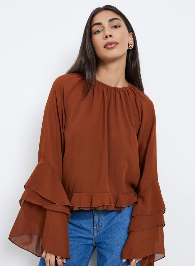 Styli Brown Solid Frill Detailing Bell Sleeves Chiffon Blouse