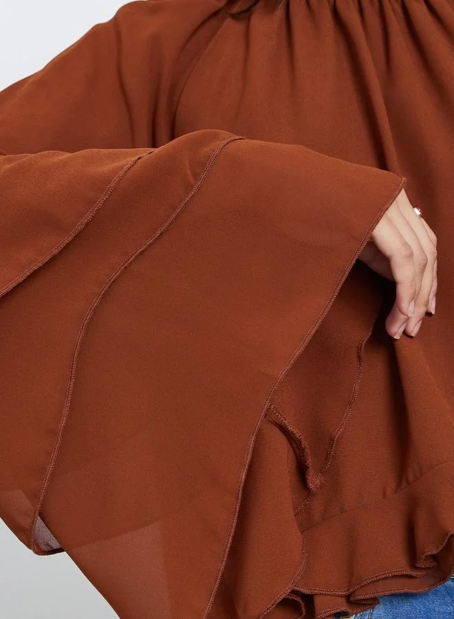 Styli Brown Styli Brown Solid Frill Detailing Bell Sleeves Chiffon Blouse for Women | Best Price UAE