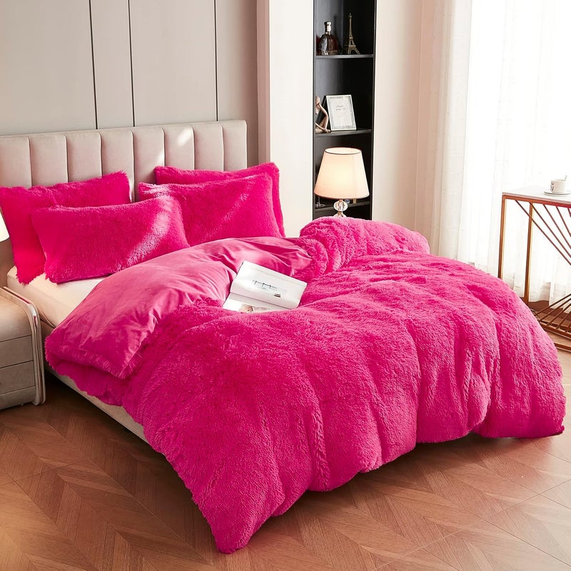 Uhamho Faux Fur Velvet Fluffy Bedding Duvet Cover Set Down Comforter Quilt Cover with Pillow Shams, Ultra Soft Warm (Queen, Hot Pink) - Image 2