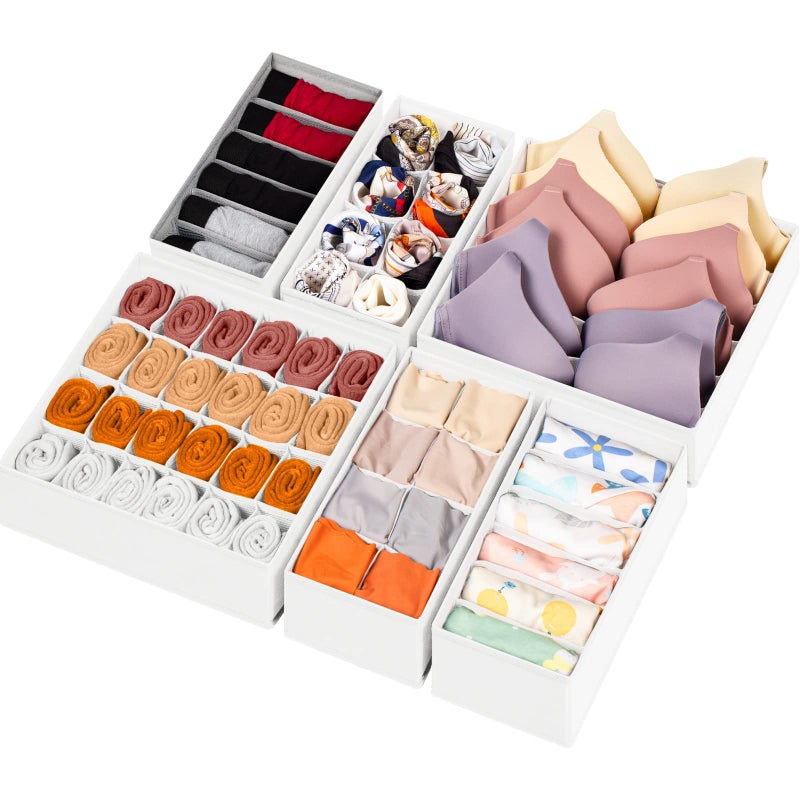 6 Pack Sock Underwear Drawer Organizer Dividers 58 Cell Foldable Fabric Dresser Closet Organizers and Storage Bins for Clothing Baby Clothes Bra Panty Scarf Ties White