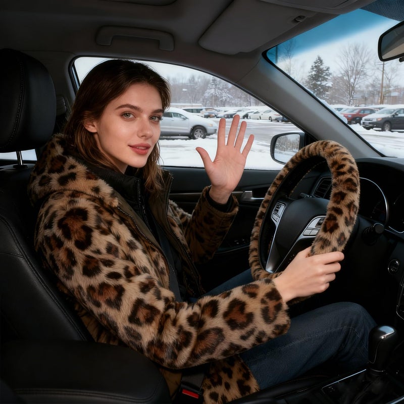 Gwwens Brown Leopard Print Fuzzy Steering Wheel Cover for Women, Universal Auto Steering Wheel 14-15 Inch Soft Warm Car Interior Accessories with 2PCS Car Coasters, Suitable for Men and Women - Image 5