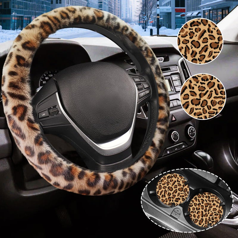 Gwwens Brown Leopard Print Fuzzy Steering Wheel Cover for Women, Universal Auto Steering Wheel 14-15 Inch Soft Warm Car Interior Accessories with 2PCS Car Coasters, Suitable for Men and Women - Image 1
