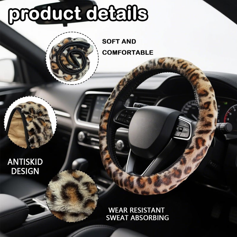 Gwwens Brown Leopard Print Fuzzy Steering Wheel Cover for Women, Universal Auto Steering Wheel 14-15 Inch Soft Warm Car Interior Accessories with 2PCS Car Coasters, Suitable for Men and Women - Image 3