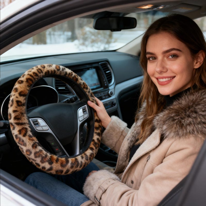 Gwwens Brown Leopard Print Fuzzy Steering Wheel Cover for Women, Universal Auto Steering Wheel 14-15 Inch Soft Warm Car Interior Accessories with 2PCS Car Coasters, Suitable for Men and Women - Image 4