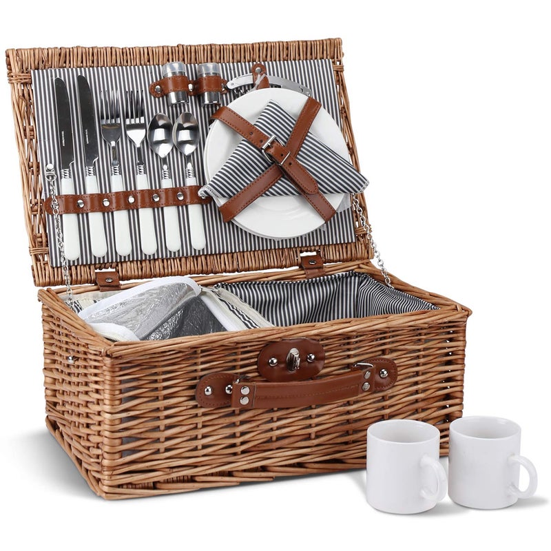 ZORMY Picnic Basket for 2 Willow Hamper Set with Insulated Compartment Handmade Large Wicker Picnic Basket Set with Utensils Cutlery  Perfect for Picnic Camping or Any Other Outdoor 