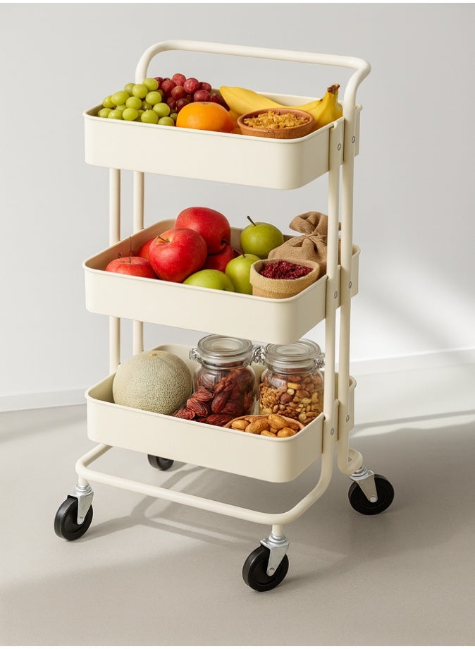 LIVVY 3 Tier Multipurpose Storage Trolley with Wheels Handle – Heavy Duty Rolling Utility Cart, Steel Organizer Rack for Kitchen, Bathroom, Laundry & Office (Cream) - Image 1